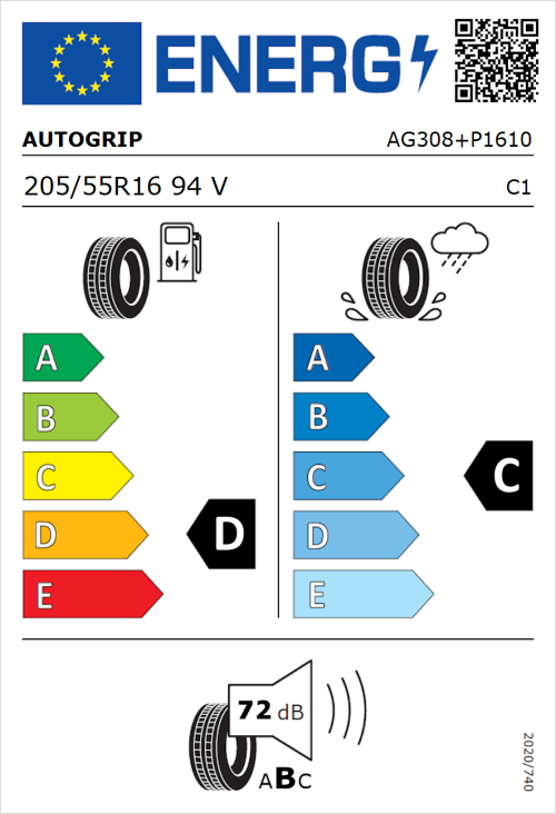 Tyre Label for Autogrip P308 Plus 205/55R16 94V