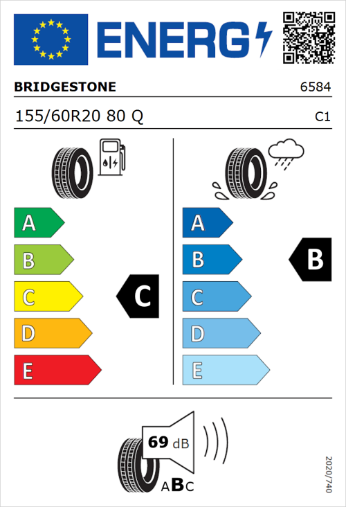 Tyre Label for Bridgestone Ecopia EP500 155/60R20 80Q