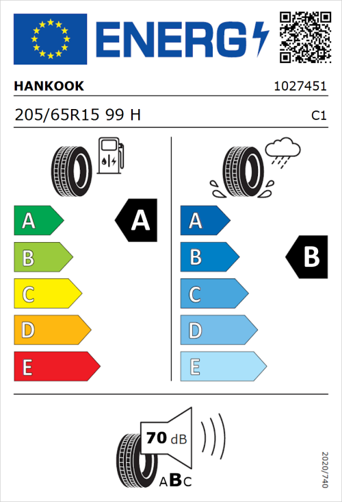 Tyre Label for Hankook Ventus Prime 3 K125 205/65R15 99H